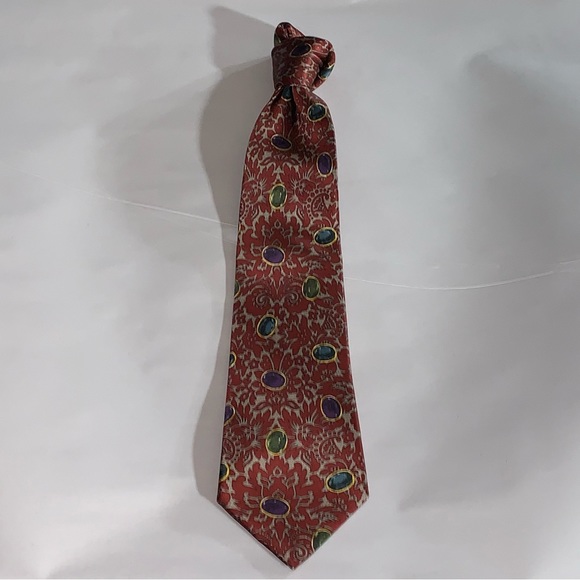 CHANEL wine red/gold silk NECKTIE cravat Gripoix cabochon pattern - Picture 5 of 10